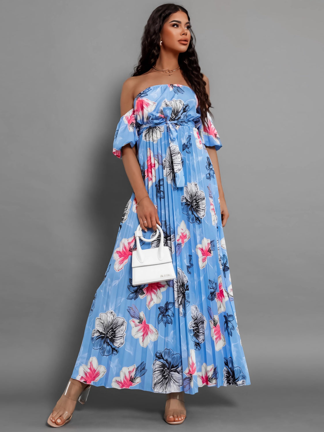 Pleated Floral Off-Shoulder Short Sleeve Midi Dress-Angel Casuals