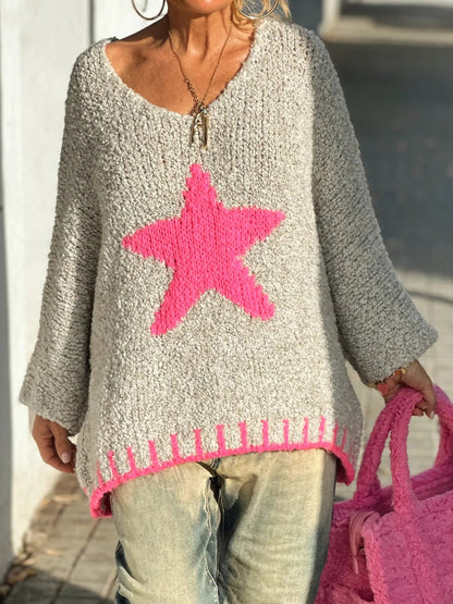 Star V-Neck Long Sleeve Oversize Sweater-Angel Casuals