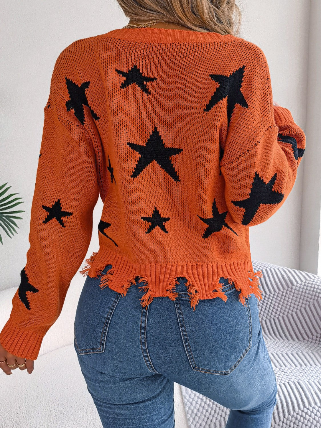 Star Pattern Distressed V-Neck Cropped Sweater-Angel Casuals