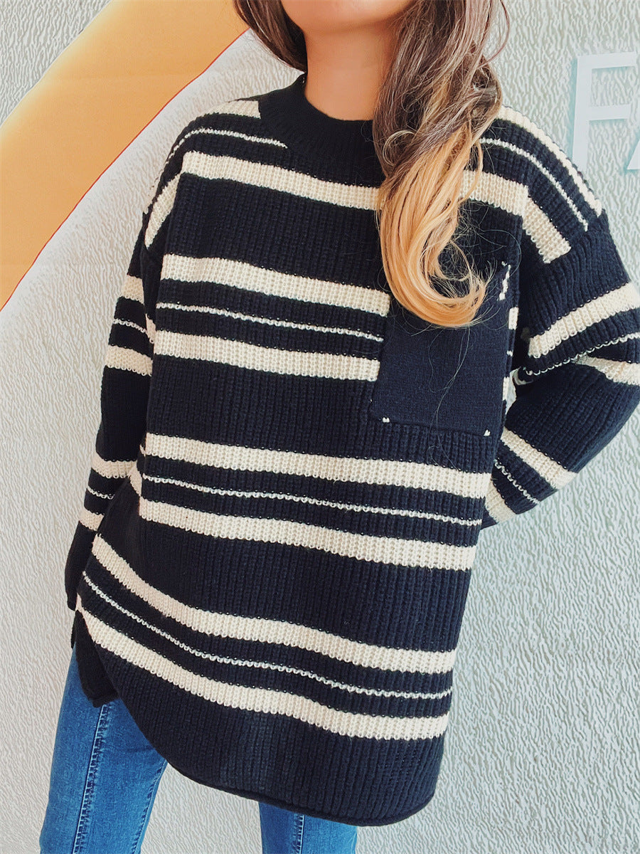 Striped Round Neck Long Sleeve Sweater-Angel Casuals