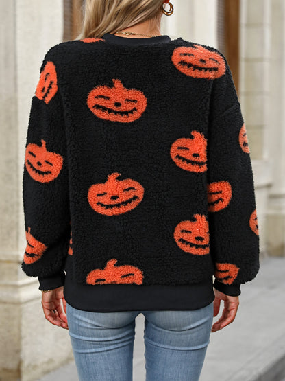 Fuzzy Pumpkin Round Neck Dropped Shoulder Sweater-Angel Casuals