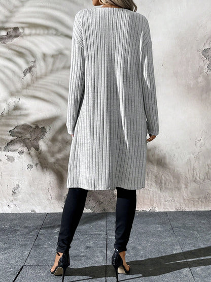 Ribbed Open Front Long Sleeve Cardigan with Pockets-Angel Casuals