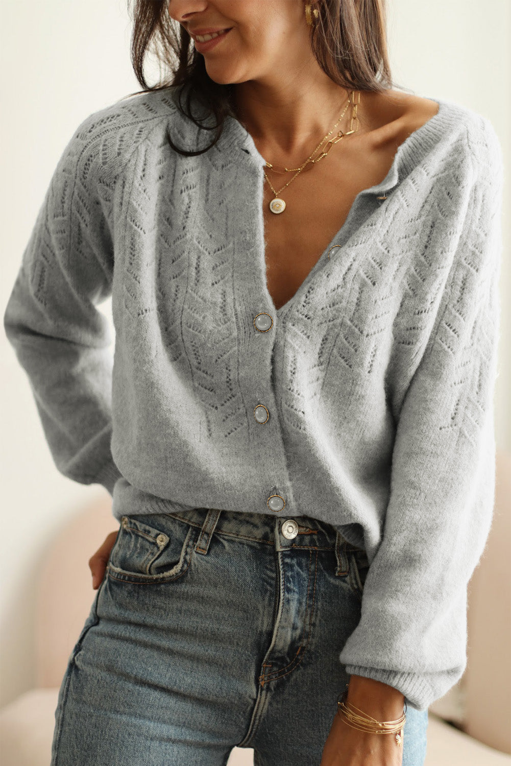 Openwork Button Down Long Sleeve Cardigan-Angel Casuals