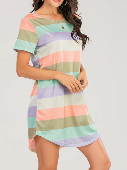 Striped Round Neck Short Sleeve Tee Dress-Angel Casuals