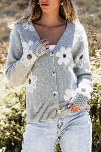 Flower Button Up Long Sleeve Cardigan-Angel Casuals