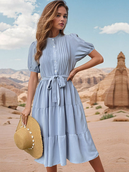 Tie Waist Puff Sleeve Midi Dress-Angel Casuals