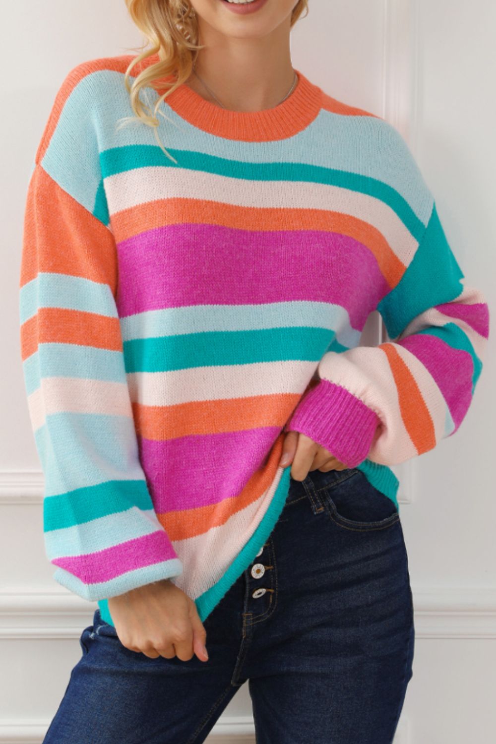 Striped Round Neck Drop Shoulder Sweater-Angel Casuals