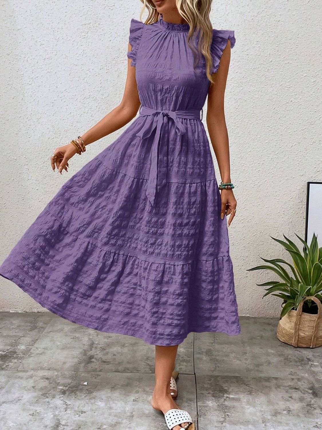 Tied Ruffled Cap Sleeve Midi Dress-Angel Casuals