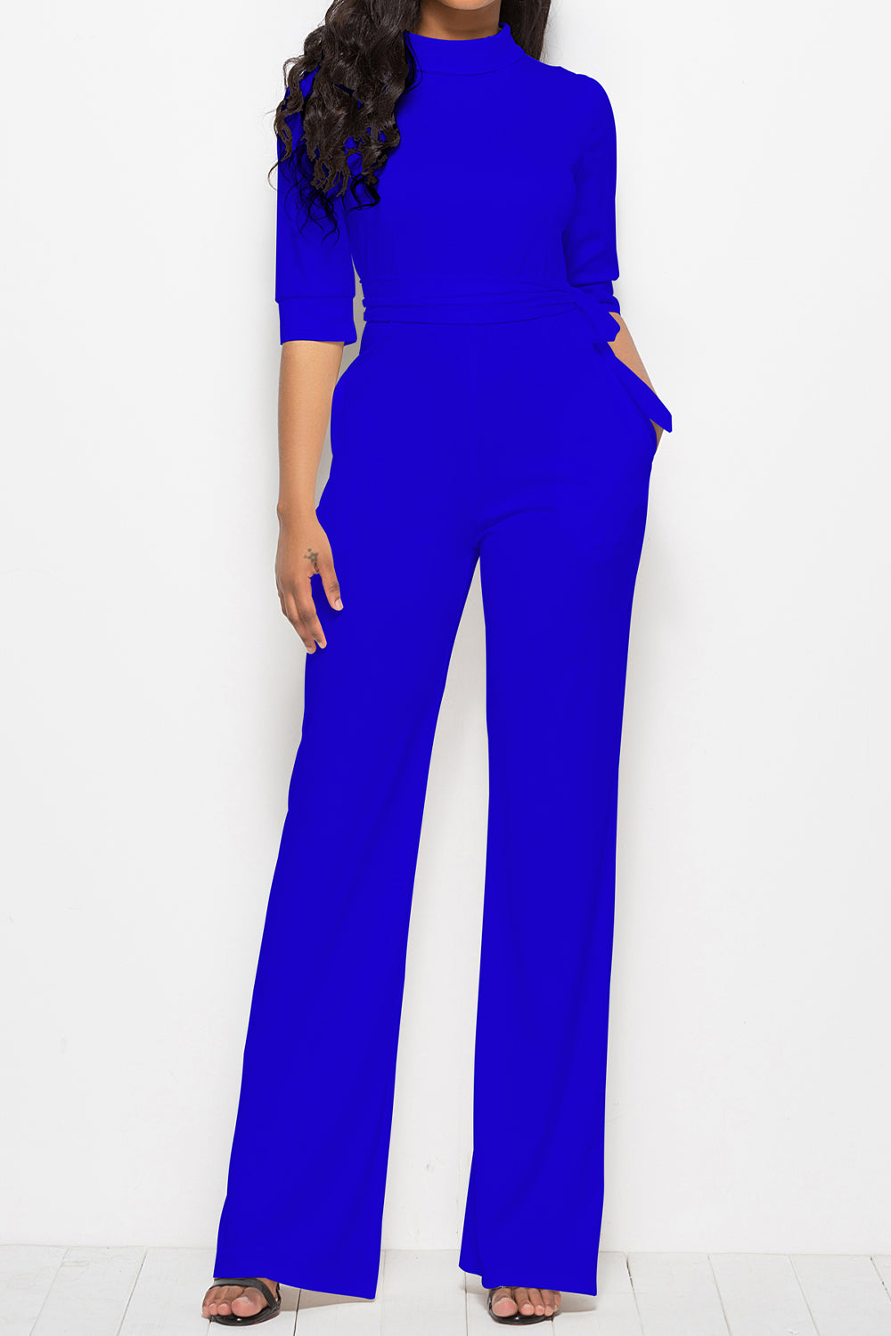 Mock Neck Tie-Waist Half Sleeve Jumpsuit-Angel Casuals