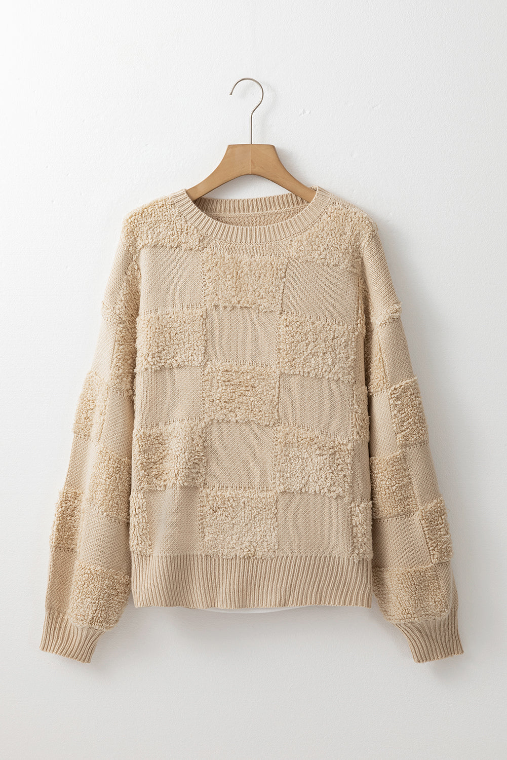 Checkered Round Neck Dropped Shoulder Sweater-Angel Casuals