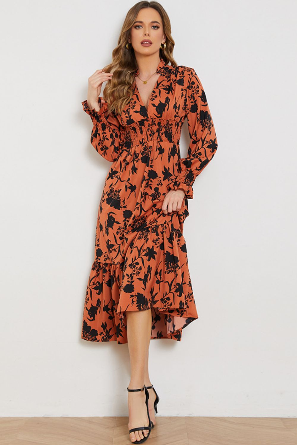 Floral Smocked Long Flounce Sleeve Dress-Angel Casuals