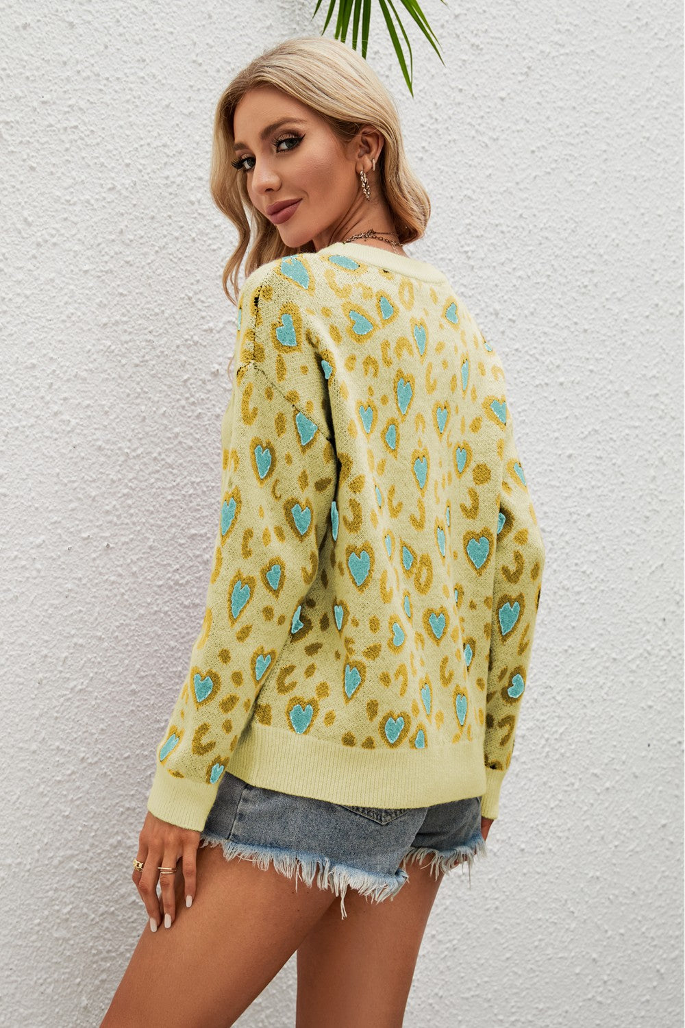 Heart Round Neck Dropped Shoulder Sweater-Angel Casuals