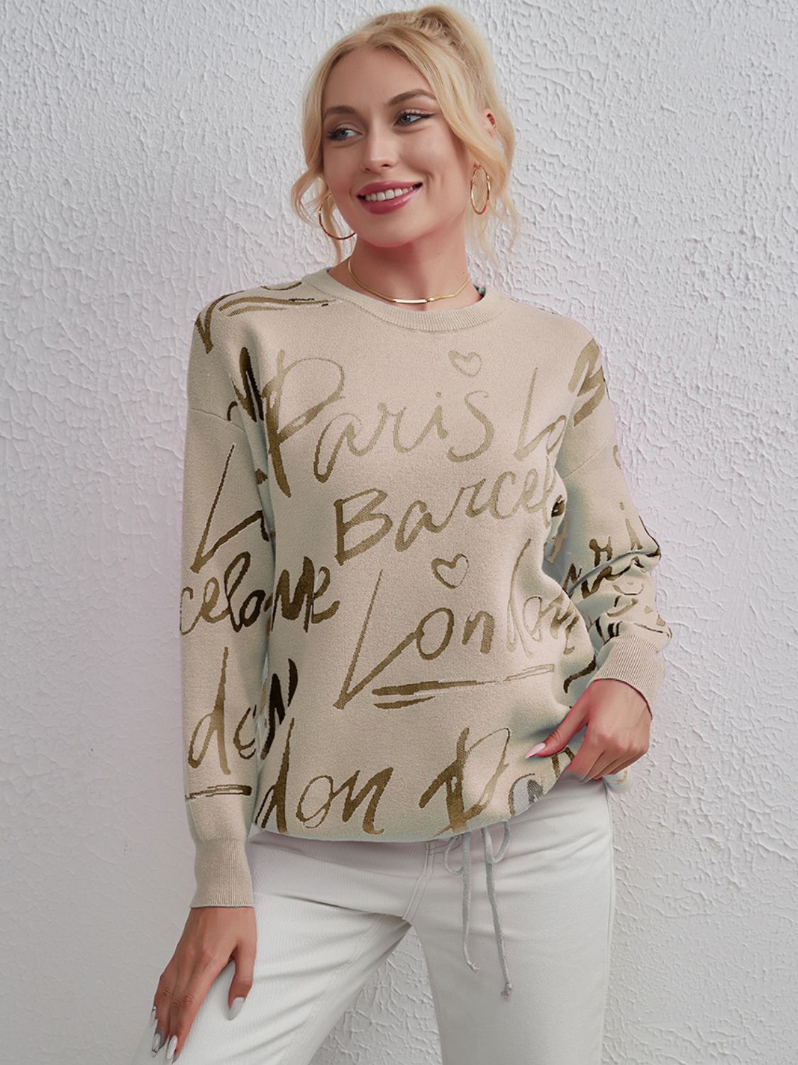 Drawstring Hem Letter Pattern Round Neck Dropped Shoulder Sweater-Angel Casuals