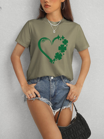 Heart Lucky Clover Round Neck Short Sleeve T-Shirt-Angel Casuals