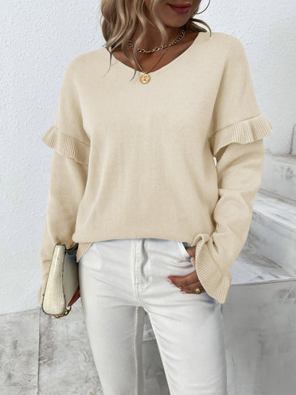 Ruffled V-Neck Dropped Shoulder Sweater-Angel Casuals