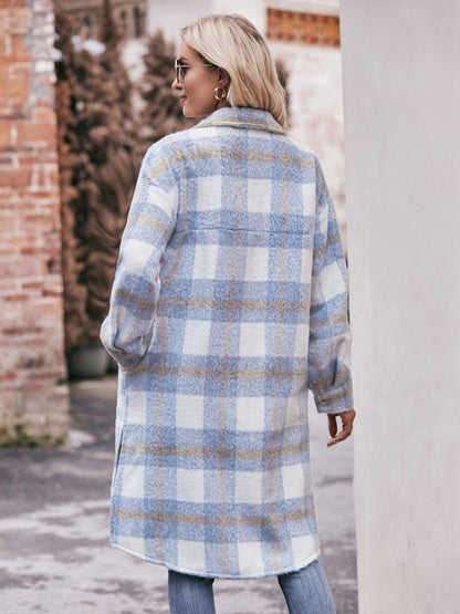 Mandy Plaid Dropped Shoulder Slit Coat-Angel Casuals