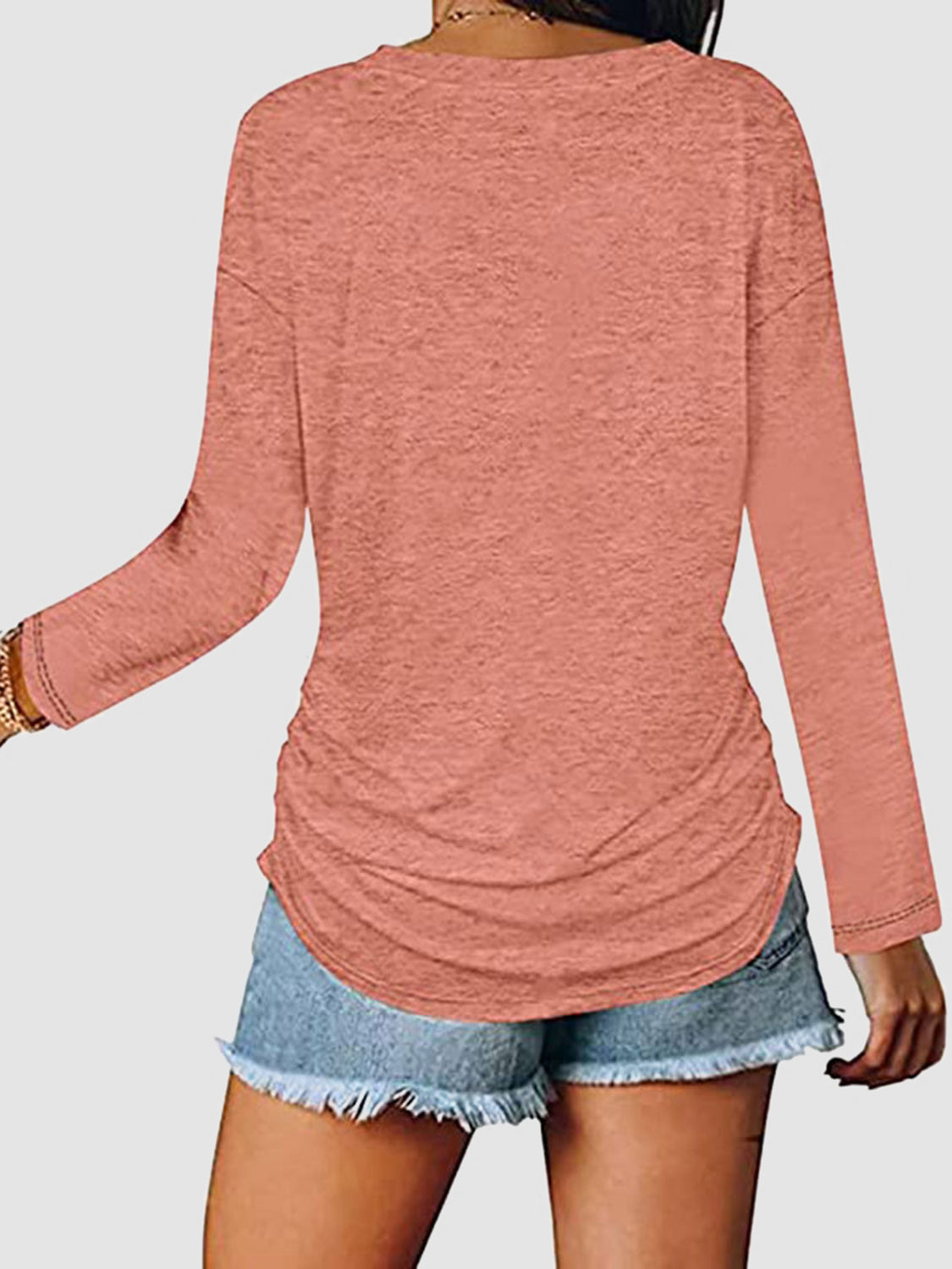 Ruched V-Neck Long Sleeve T-Shirt-Angel Casuals