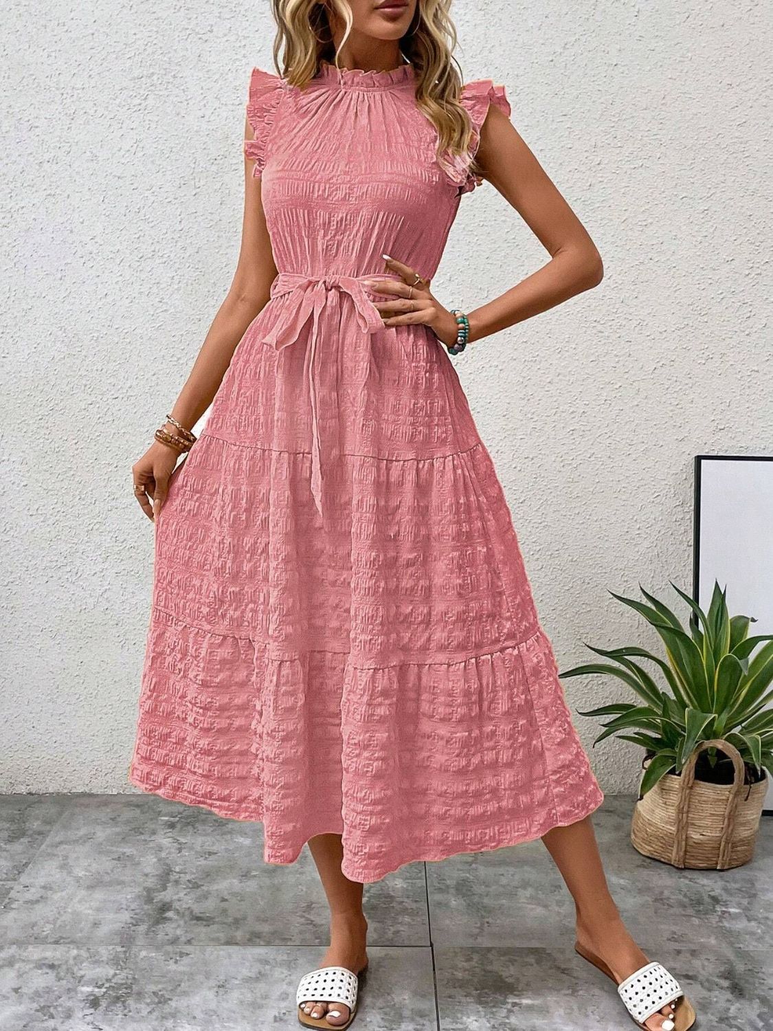 Tied Ruffled Cap Sleeve Midi Dress-Angel Casuals