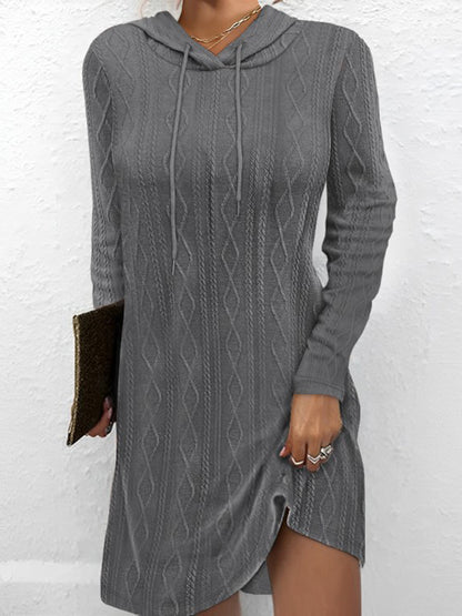 Textured Drawstring Long Sleeve Hooded Dress-Angel Casuals