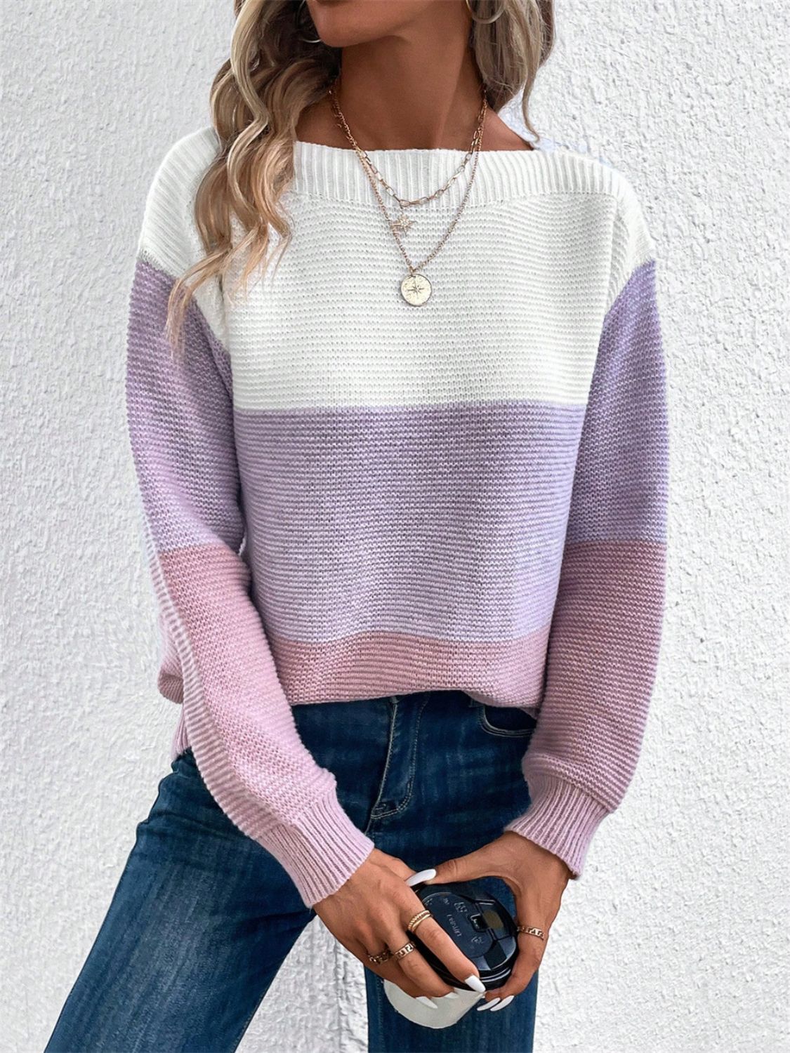 Color Block Drop Shoulder Long Sleeve Sweater-Angel Casuals