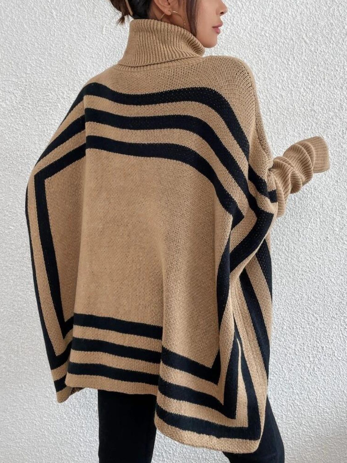 Striped Turtleneck Batwing Sleeve Sweater with Pockets-Angel Casuals