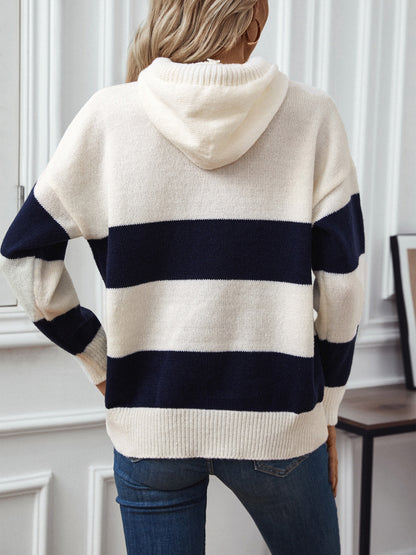 Drawstring Contrast Stripe Dropped Shoulder Hooded Sweater-Angel Casuals