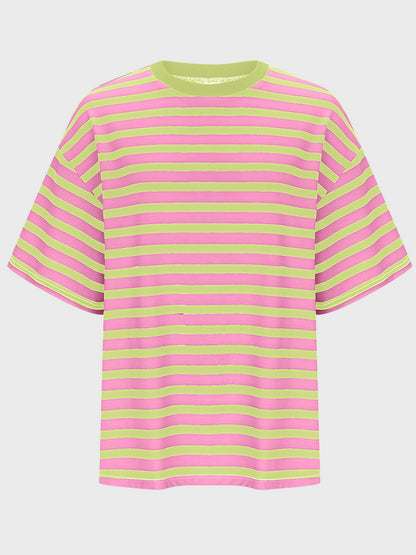 Striped Round Neck Half Sleeve T-Shirt-Angel Casuals