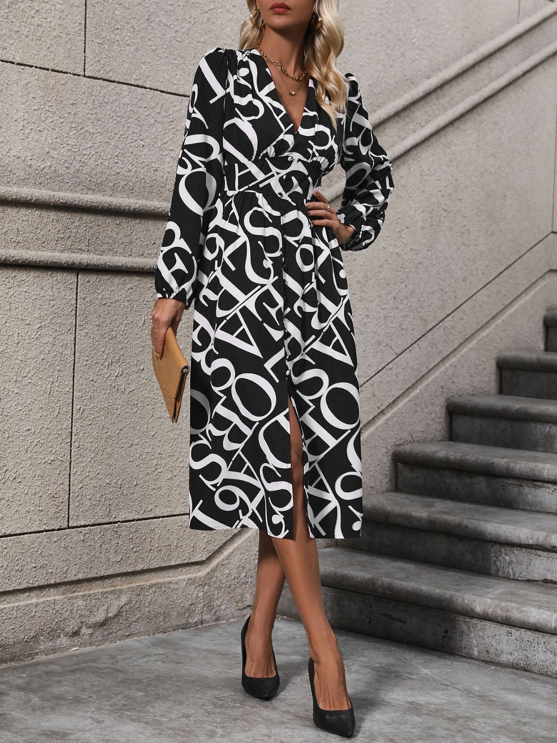 Printed V-Neck Long Sleeve Midi Dress-Angel Casuals