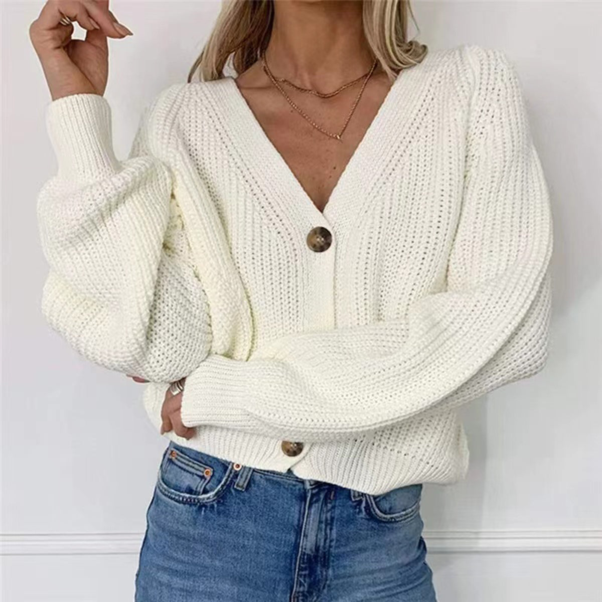 Button Up V-Neck Long Sleeve Cardigan-Angel Casuals