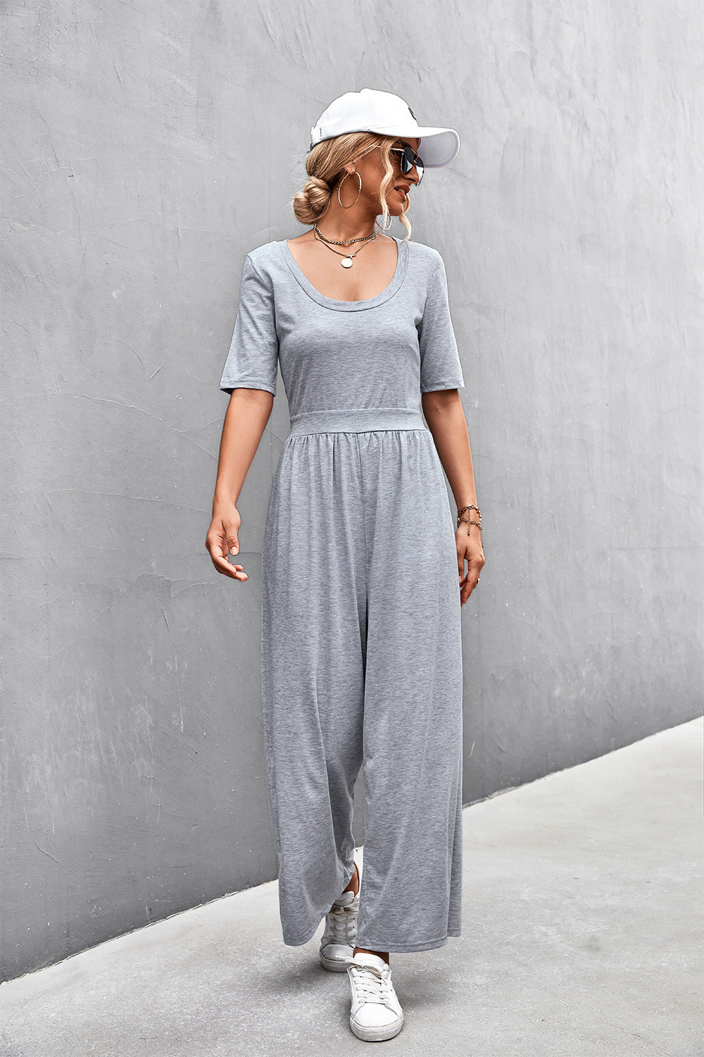 Scoop Neck Half Sleeve Wide Leg Jumpsuit-Angel Casuals