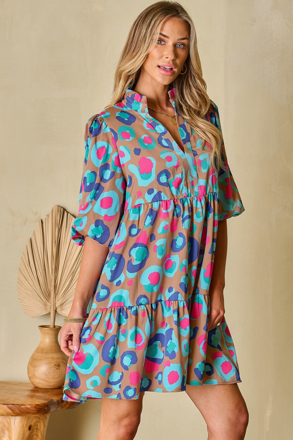 Notched Balloon Sleeve Mini Dress-Angel Casuals