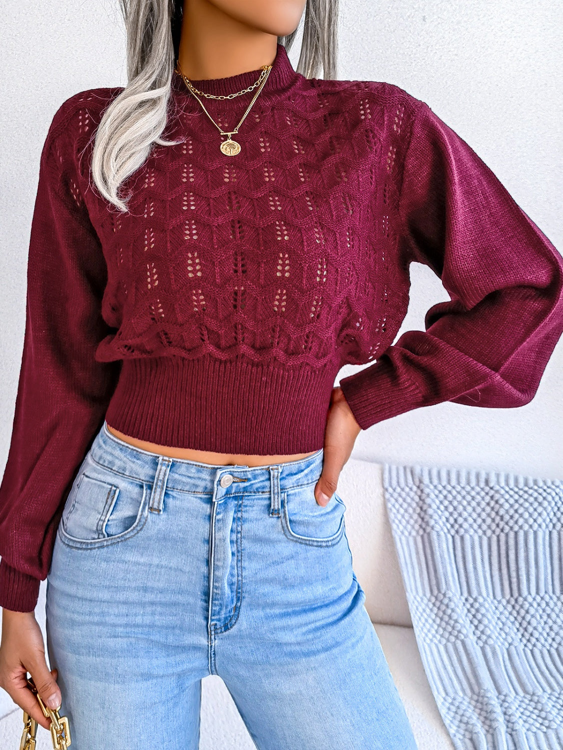 Openwork Mock Neck Long Sleeve Cropped Sweater-Angel Casuals