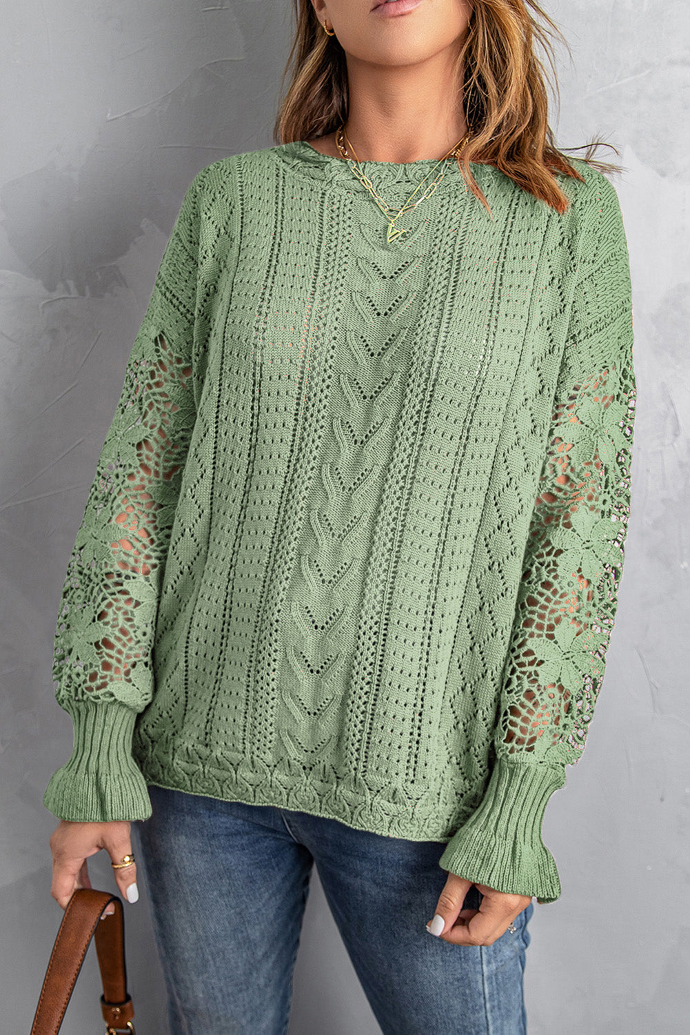 Openwork Lantern Sleeve Dropped Shoulder Sweater-Angel Casuals