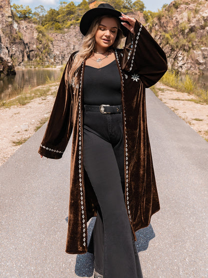 Plus Size Embroidery Open Front Long Sleeve Cardigan-Angel Casuals