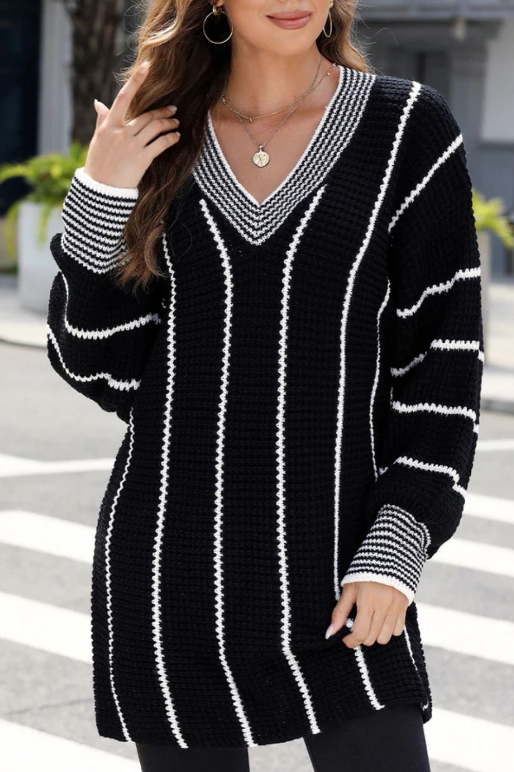 Striped V-Neck Long Sleeve Sweater-Angel Casuals