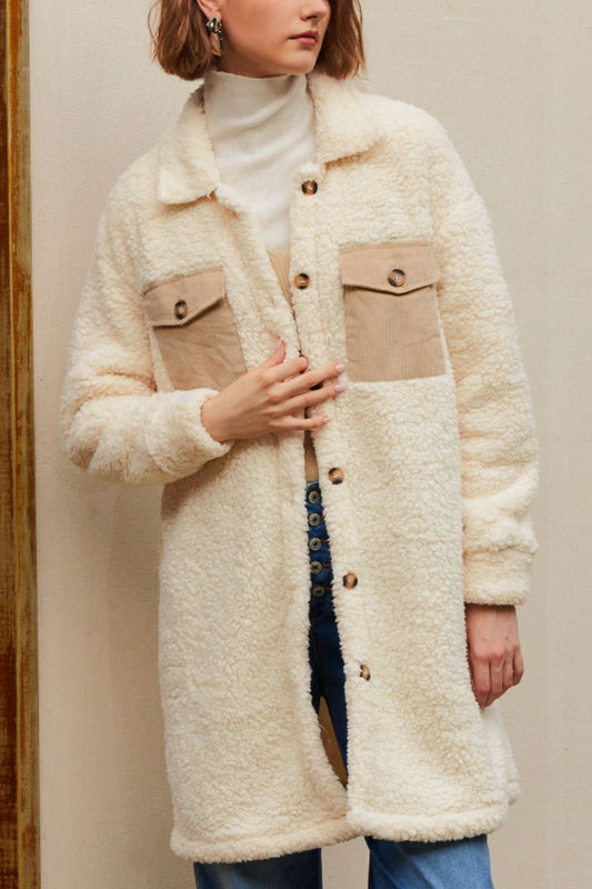 Collared Neck Long Sleeve Longline Teddy Jacket-Angel Casuals