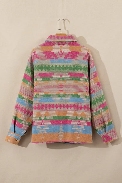 Plus Size Pocketed Printed Collared Neck Jacket-Angel Casuals