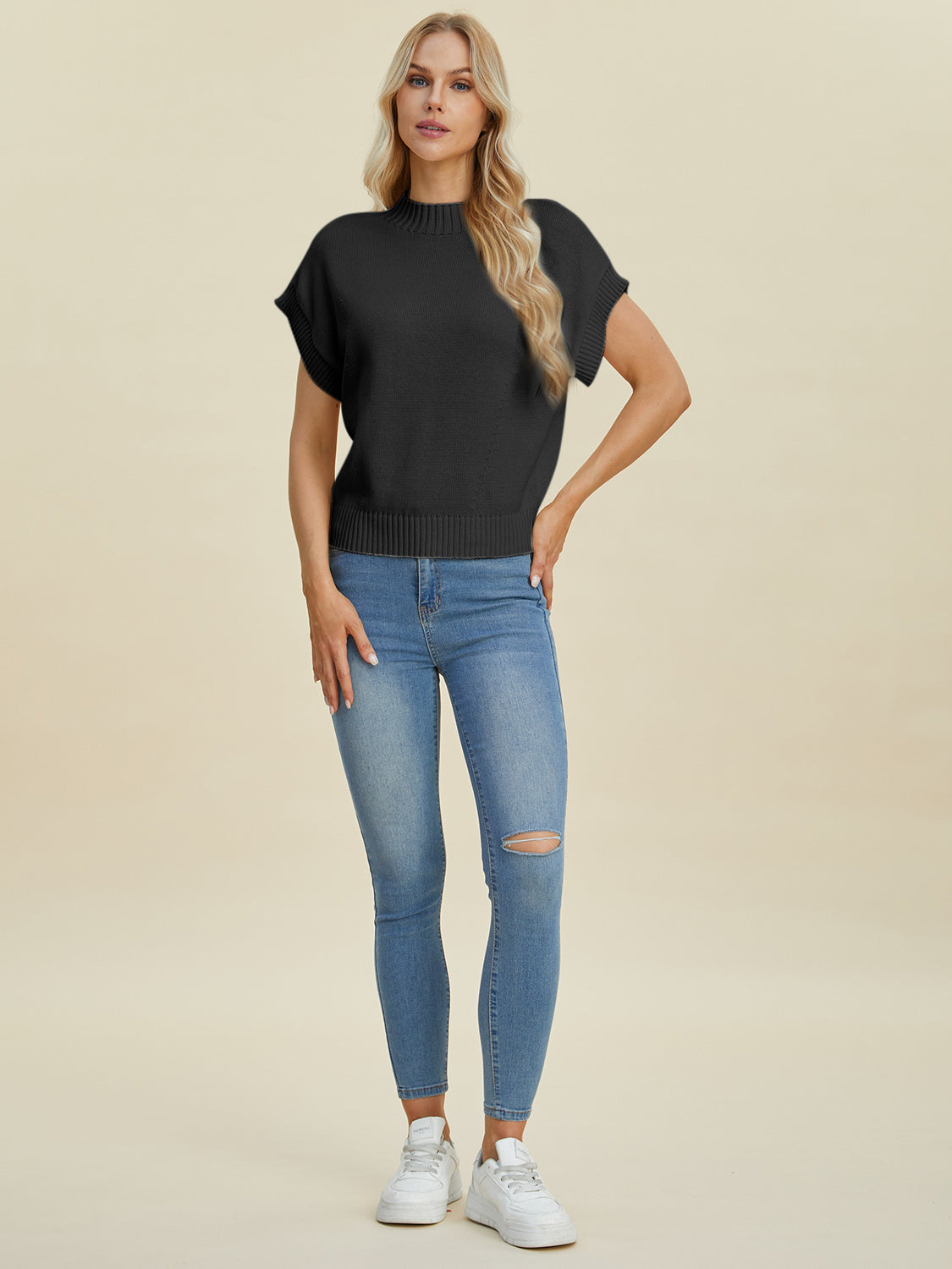 Double Take Full Size Mock Neck Short Sleeve Sweater-Angel Casuals