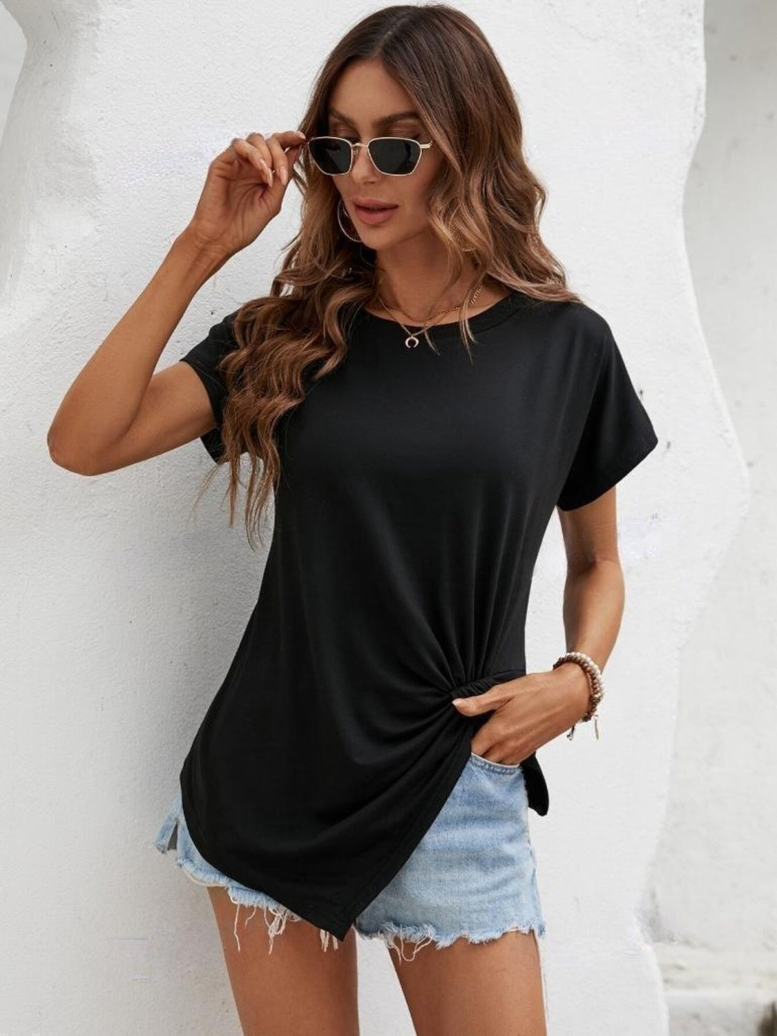 Asymmetric Hem Round Neck T-Shirt-Angel Casuals