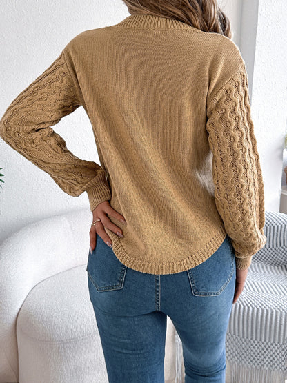 Asymmetric Hem Round Neck Long Sleeve Sweater-Angel Casuals