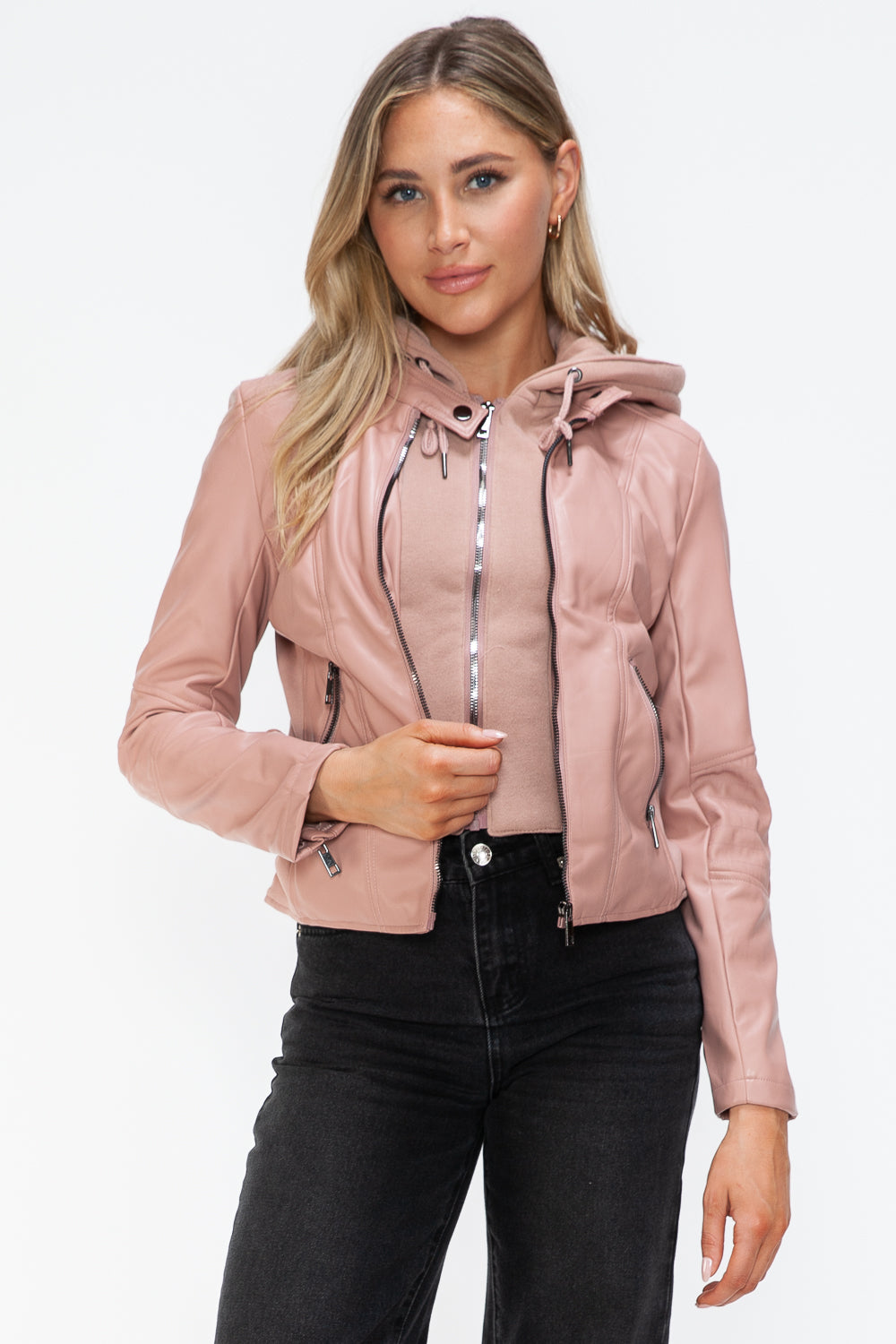 Snobbish Faux Leather Zip Up Drawstring Hooded Jacket-Angel Casuals