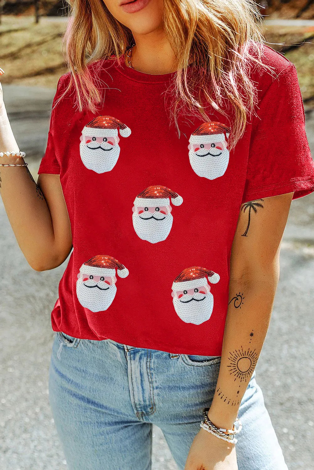 Sequin Santa Round Neck Short Sleeve T-Shirt-Angel Casuals