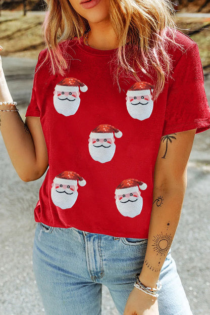 Sequin Santa Round Neck Short Sleeve T-Shirt-Angel Casuals