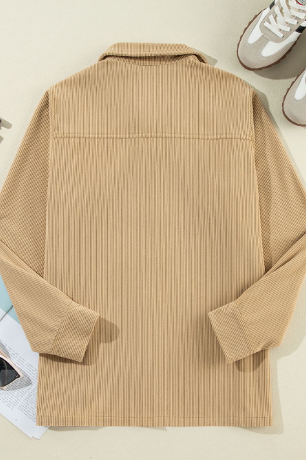 Frill Button Up Long Sleeve Shacket-Angel Casuals