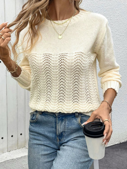 Perfee Openwork Round Neck Long Sleeve Sweater-Angel Casuals