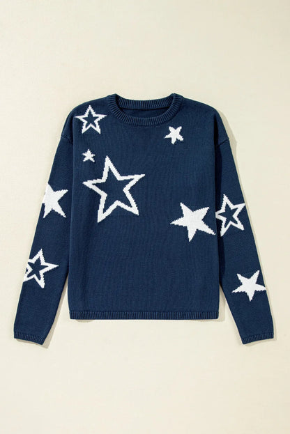 Star Round Neck Long Sleeve Sweater-Angel Casuals