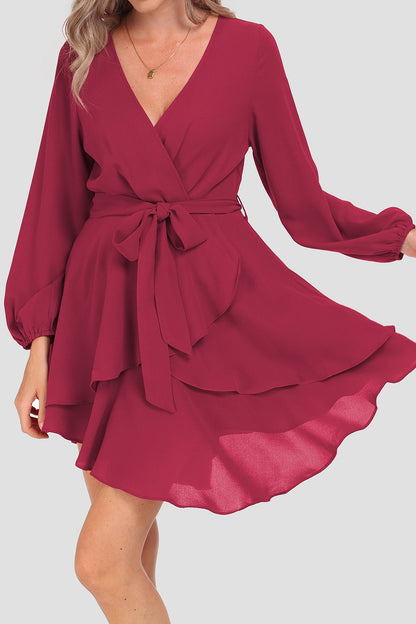 Tied Surplice Balloon Sleeve Layered Dress-Angel Casuals