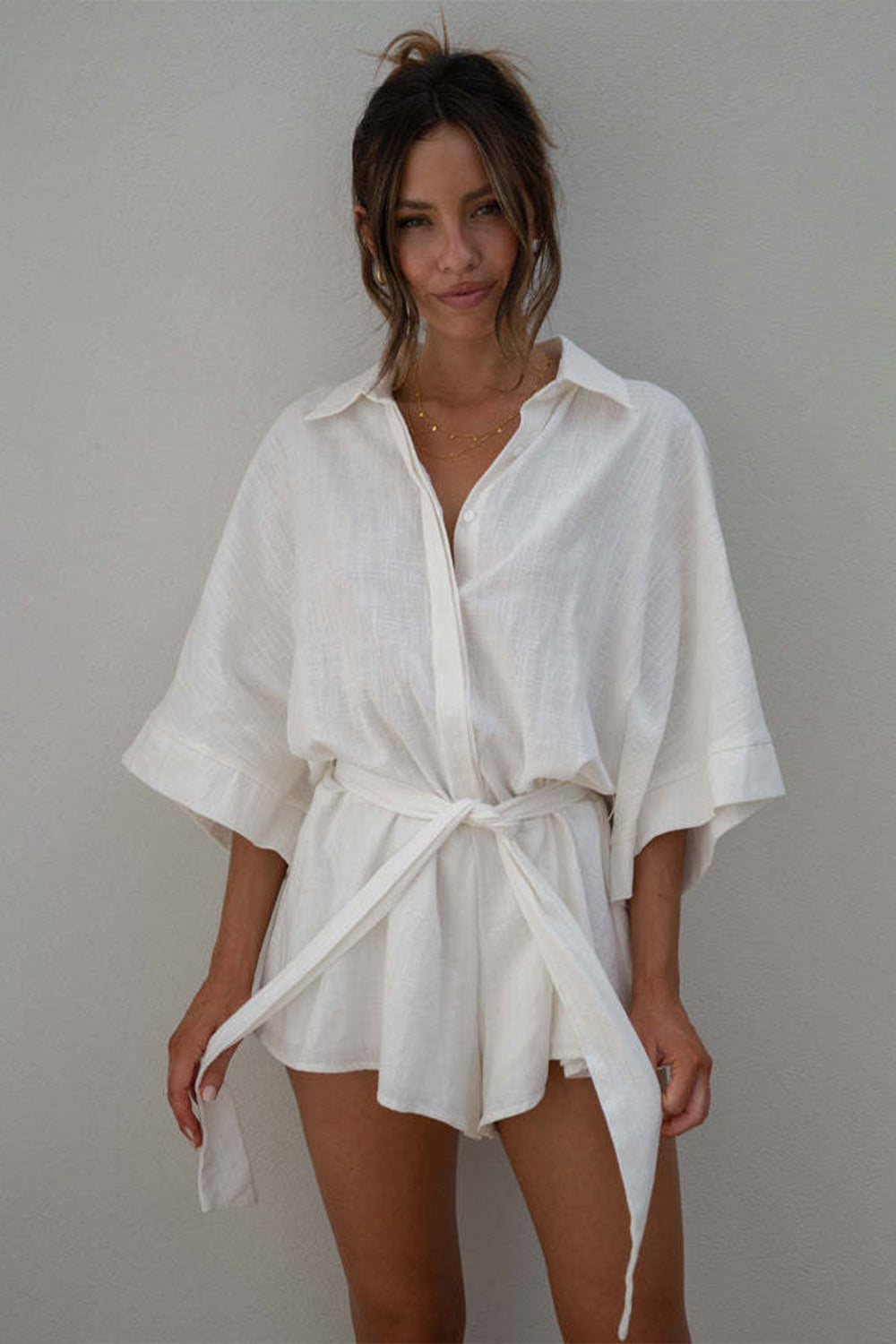 Tied Button Up Collared Neck Romper-Angel Casuals