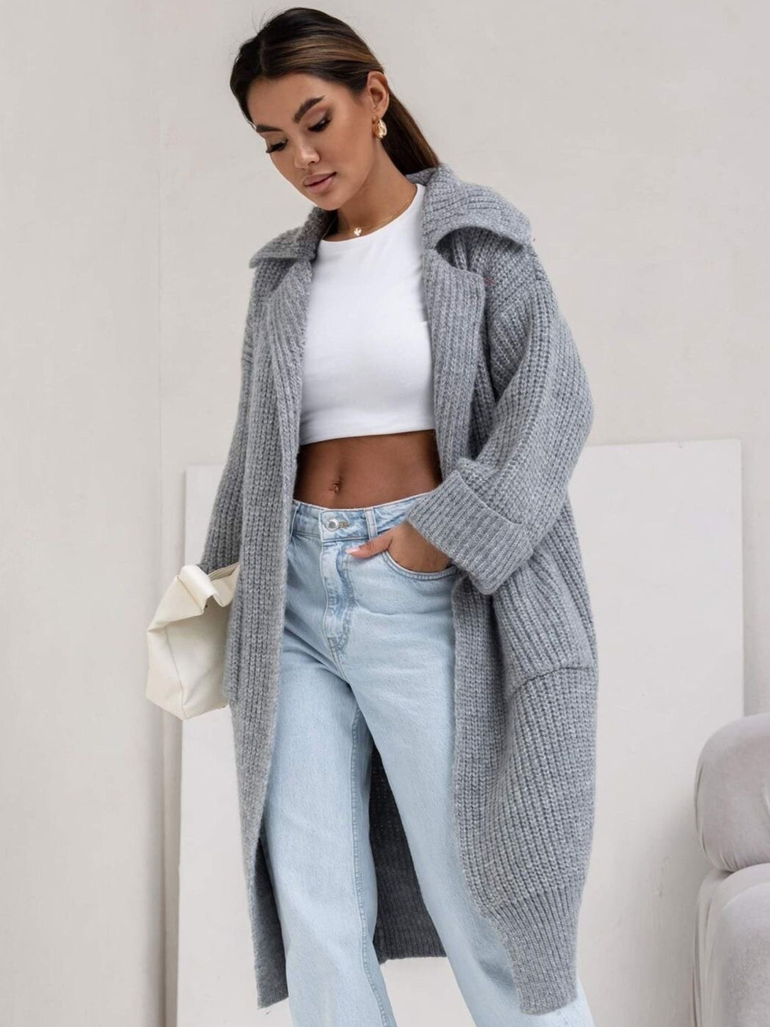 Pocketed Collared Neck Dropped Shoulder Cardigan-Angel Casuals