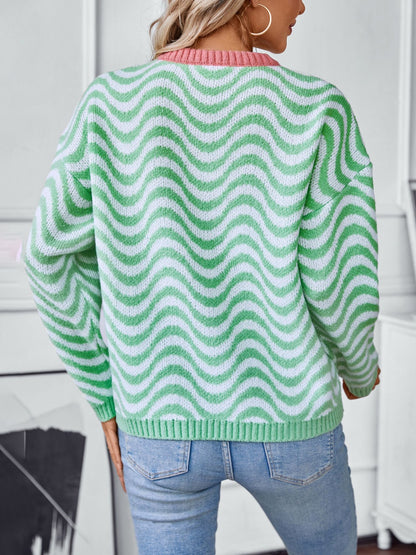 Wavy Stripes Round Neck Long Sleeve Sweater-Angel Casuals